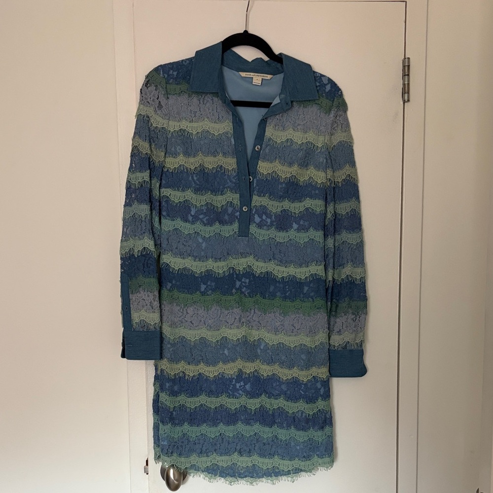 RARE - Diane Von Furstenberg Teal and Blue Long Sleeve Lace Dress